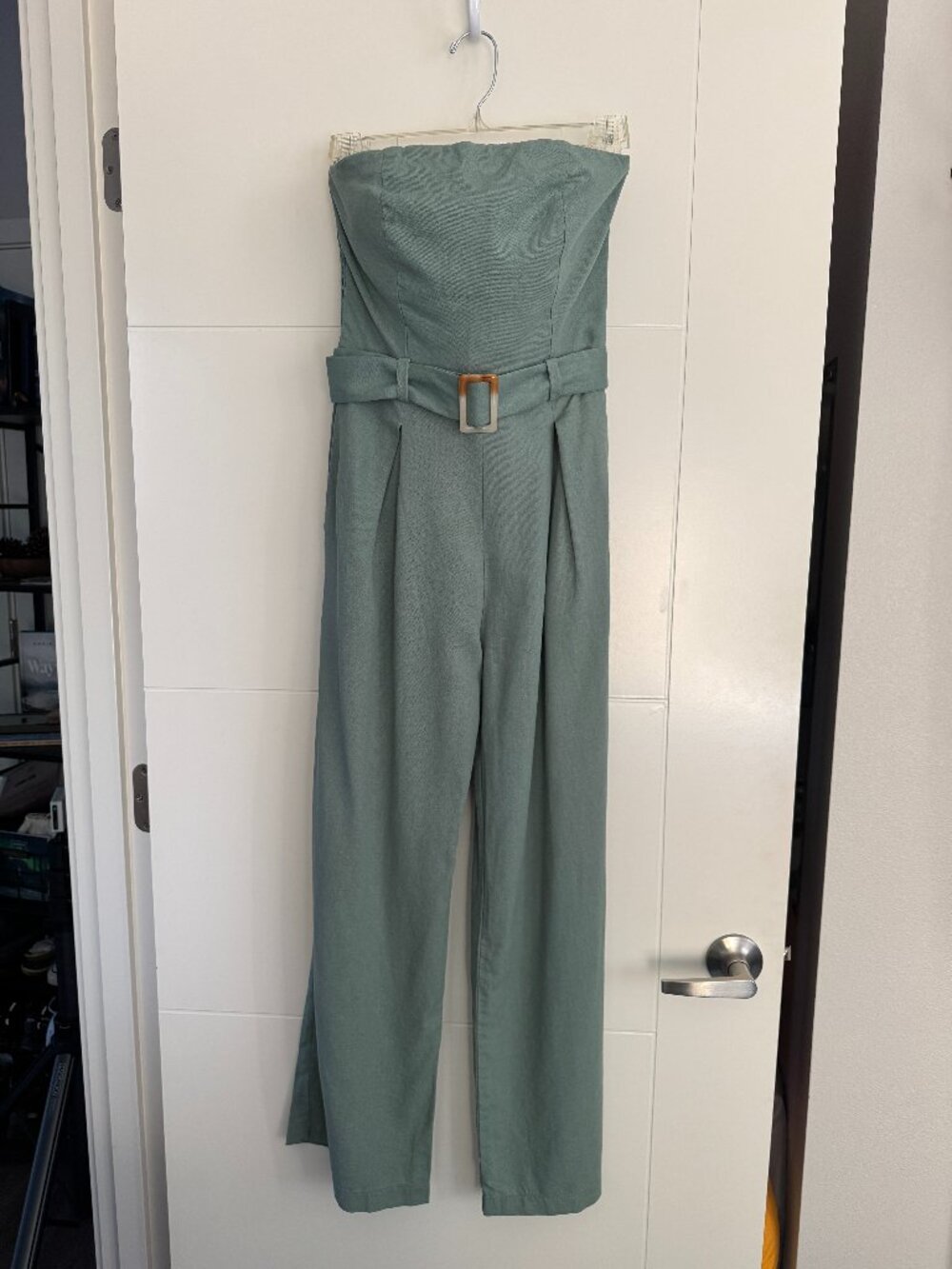 Monteau Los Angeles Strapless Belted Linen Jumpsuit